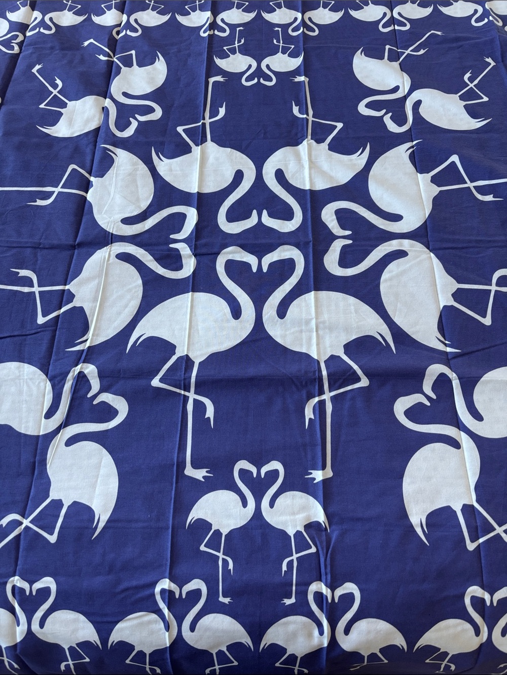 Beach Road beach sheet, “Flamingo Cafe”, white/periwinkle, cotton, 6’x6’